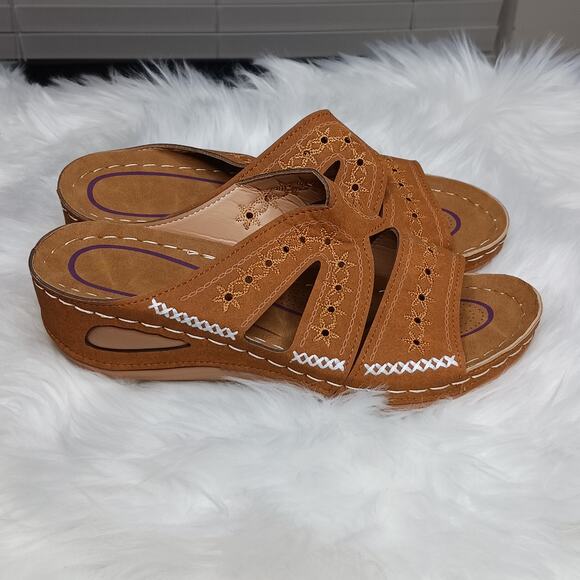 Women's Retro Round Heeled Open Toe Wedges NWT - Picture 7 of 12